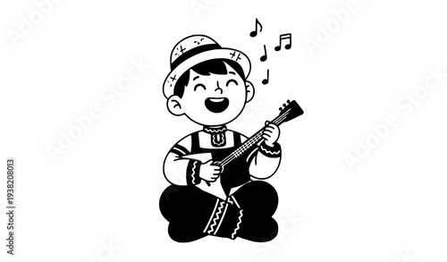 Cheerful Boy in Folk Outfit Playing Balalaika Kids Vector Illustration
