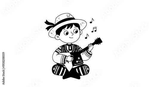 Kids Illustration of Cartoon Boy in Straw Hat Playing Balalaika