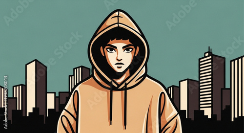 Young man wearing a hoodie standing in front of a city skyline.