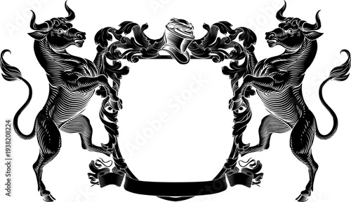 Bull coat of arms or crest family heraldry medieval heraldic knight shield with helmet and acanthus filigree scroll ornament. In a vintage woodcut style.