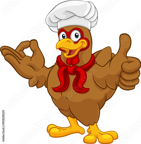 A chef chicken rooster cockerel cartoon character mascot doing a chefs okay perfect hand sign and thumbs up