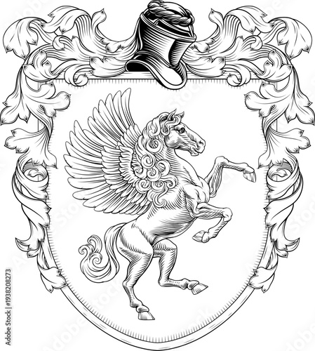 A Pegasus coat of arms or crest family heraldry medieval heraldic knight shield with helmet and acanthus filigree scroll ornament in a vintage woodcut style.