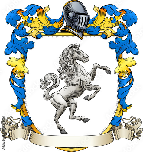 A horse coat of arms or crest family heraldry medieval heraldic knight shield with helmet and acanthus filigree scroll ornament in a vintage woodcut style.