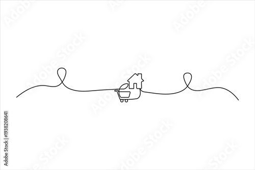 Minimalist one-line art of a shopping cart following a path to a house. Clean black continuous line representing home delivery and online shopping.