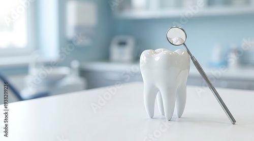 A dental mirror and a model tooth on a white table in a dentists office