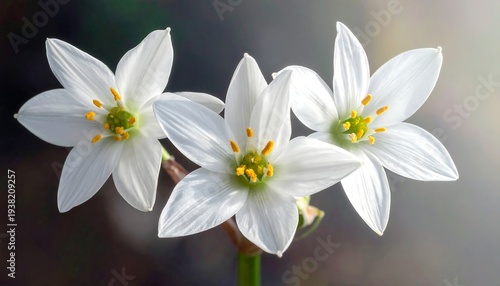 Three star-shaped white flowers bloom with golden centers against a blurred background, bathed in soft light