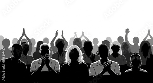 Silhouetted Crowd Praying Hands Together.