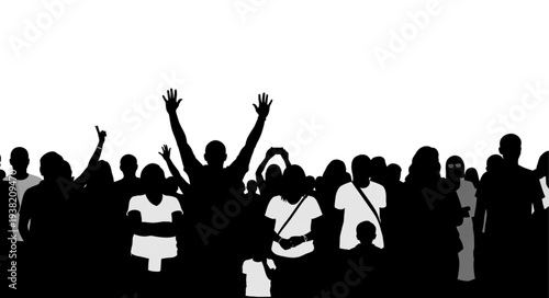 Silhouetted Crowd Raising Hands Together.