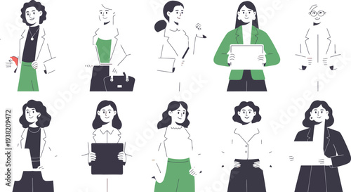 Illustration of diverse women working in various professions and activities from a straightforward viewpoint