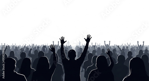 Silhouetted Crowd Raising Hands in Unison.