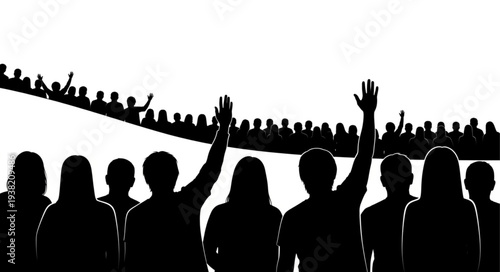 Silhouetted Crowd Raising Hands Together.