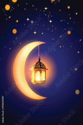 A glowing lantern floats gracefully toward a crescent moon in the starry night sky for this atmospheric illustration