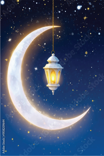 Vector illustration of a magic lamp glowing against an abstract background of sparkling stars and mystical light