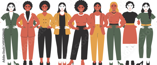 Diverse group of women standing together in a flat illustration showcasing various styles and professions