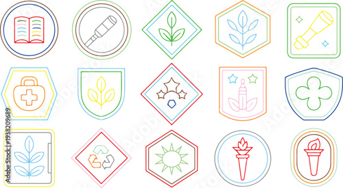 Collection of colorful eco friendly and science icons on white background