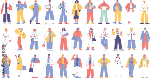 Vector illustration showcasing diverse people standing in various poses and outfits