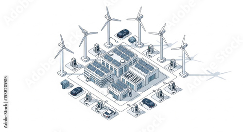 Sustainable smart city with renewable energy sources and electric vehicles.