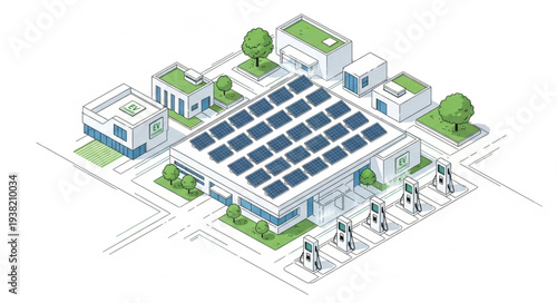 Modern City Block with Rooftop Solar Panels and Green Spaces.