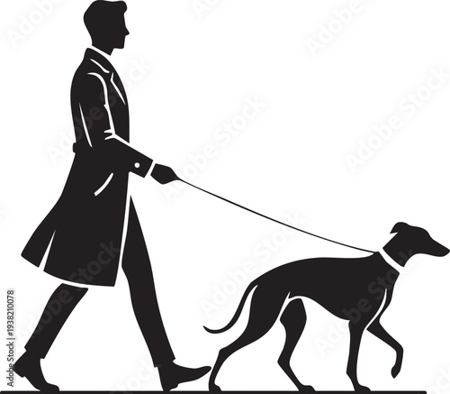 Tall Figure Walking Elegant Greyhound Dog on Lead Silhouettes