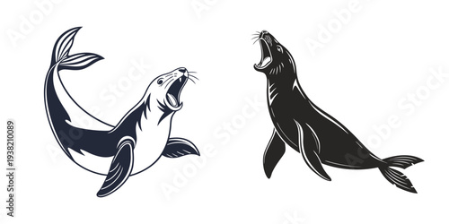 Stylized Illustrations of Two Barking Seals in Motion