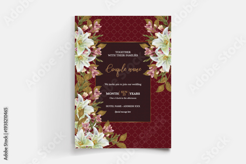 WEDDING INVITATION FRAME WITH FLOWER DECORATIONS AND FRESH LEAVES