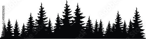 Black pine forest silhouette panoramic landscape with coniferous evergreen trees and fir tree line border isolated on white background vector.