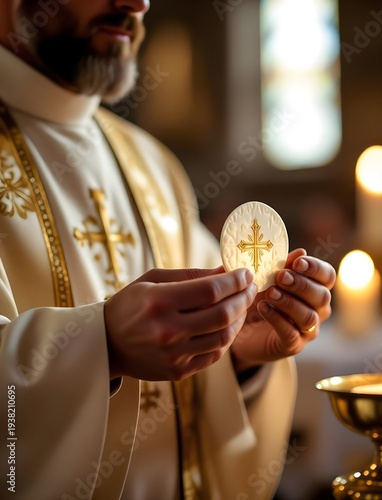 Catholic priest holding the host during the liturgy of the eucharist in a mass