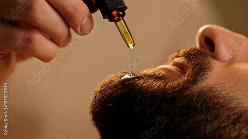 Indulge in superior beard care a close-up of nourishing oil meticulously applied to enhance masculine beauty and well-being