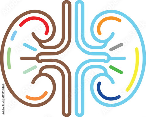 colorful abstract design with swirling lines and shapes in brown blue and orange hues on white background