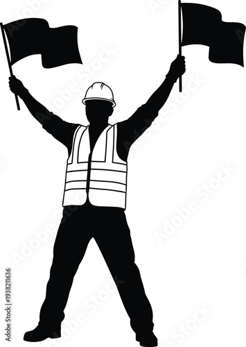 Black silhouette worker wearing safety vest and hard hat holding two waving flags 1