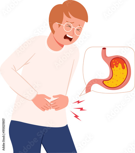 illustration of man suffering from acid reflux holding his stomach feeling heartburn sensation
