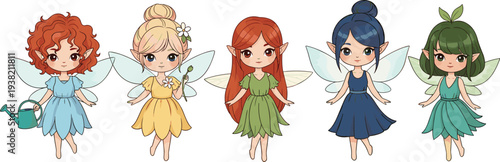 Cute Fairy Characters Set with Magical Wings and Colorful Dresses Fantasy Cartoon Fairy Girls Vector Illustration