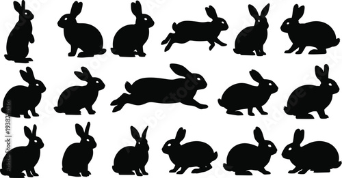 Black silhouettes of rabbits in various poses on white background sitting