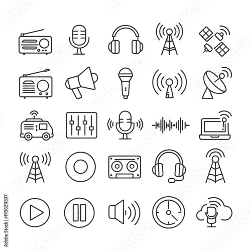 Communication and audio icons: radio, microphone, headphones, satellite, antenna.