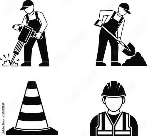 Construction workers with traffic cone and safety gear hard hat