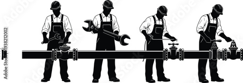 Four workers in hard hats and overalls working on large pipe with valves and wrenches