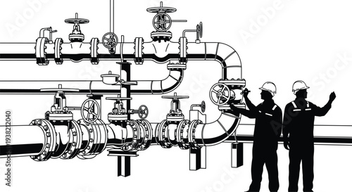 Industrial workers in front of large pipe system with valves hard hats