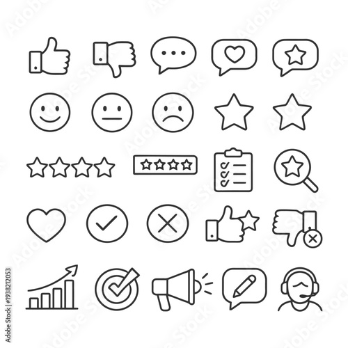 Outline icons of reviews and feedback with stars, thumbs, and faces.