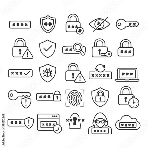 Cybersecurity icons set with passwords, locks, keys, and protection symbols.