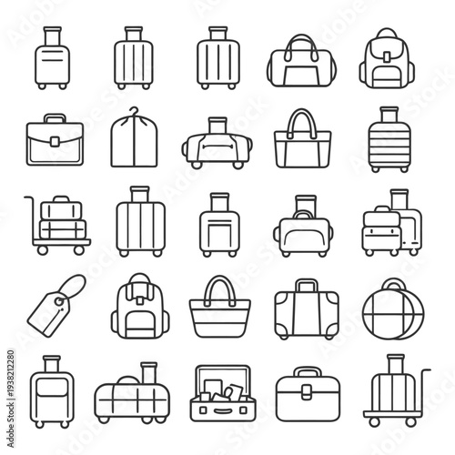 Assorted luggage line icons collection: suitcases, backpacks, bags, tags, cases.