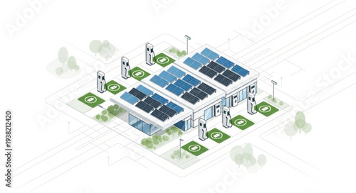 Modern solar panel energy station with electric car charging points.