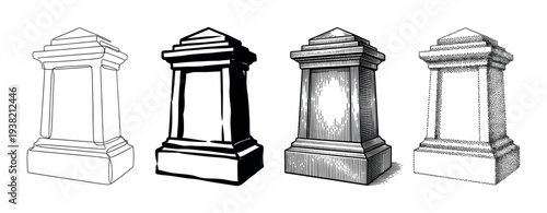 Four different artistic styles of a classic monument or pedestal are presented in a vector illustration.