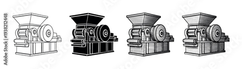 Industrial crushing machine illustration set showcasing various line art styles for manufacturing processes.