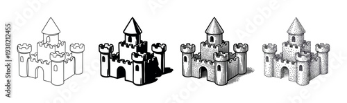 Four different artistic styles of a medieval castle illustration, showcasing various rendering techniques from outline to stippling.