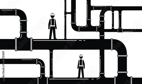 Two workers in hard hats standing on industrial pipes black and white