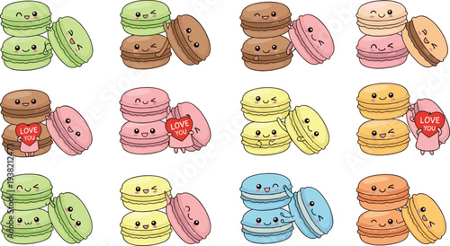 Cute Macaron Cookies Characters Set with Colorful French Dessert Macarons with Funny Faces Cartoon Vector Illustration