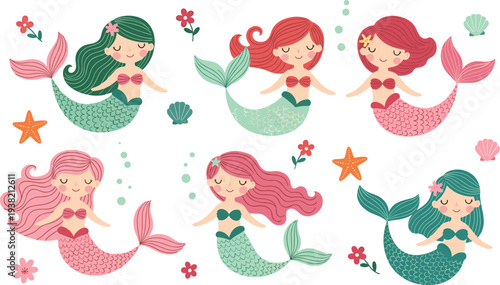 Cute Mermaid Characters Set with Colorful Hair and Tails Sea Princess Cartoon Fantasy Vector Illustration