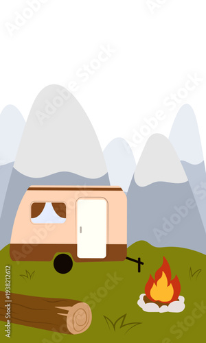 Flat vector illustration of camping outdoors. Mountains, campfire, tent, nature, camper, trees, coffee, backpack, guitar, kettle, boiler, tea, silence, calm, peace, marshmallows on fire
