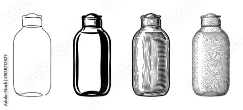 Four different styles of cosmetic bottle illustrations showcasing various artistic techniques like line art, bold outlines, hatching, and stippling.