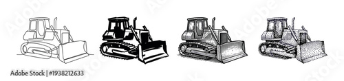 Four different artistic styles of a bulldozer are presented in a unique collection of vector illustrations.